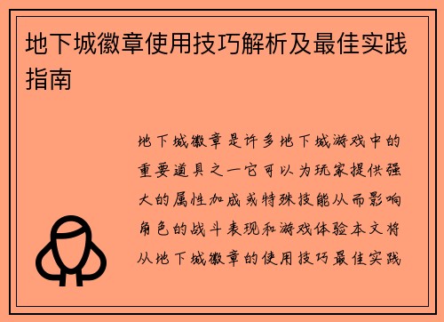 地下城徽章使用技巧解析及最佳实践指南